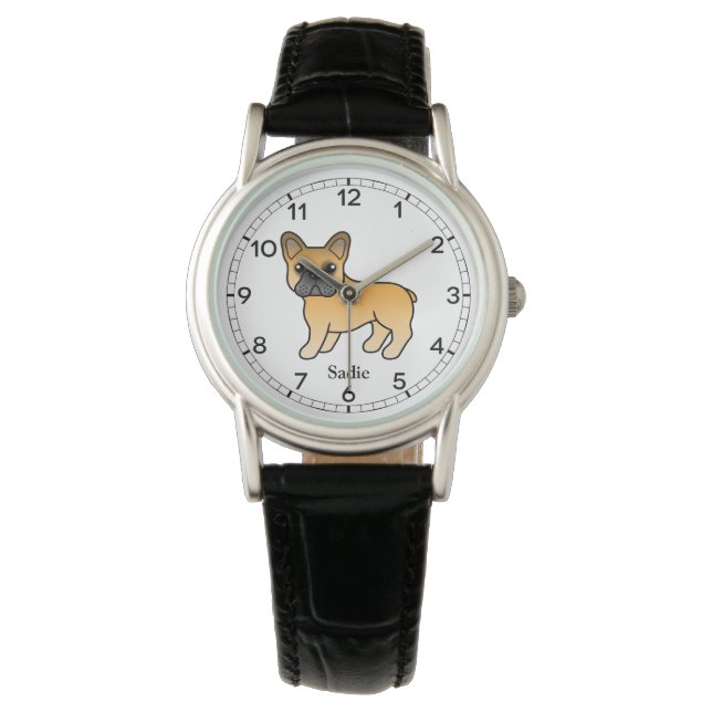 Fawn French Bulldog Cute Cartoon Dog & Name Horloge (Voorkant)