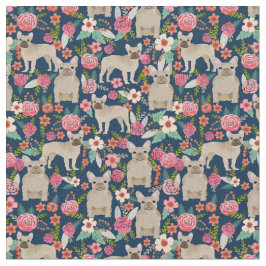 Fawn French Bulldogs  Floral Navy Stof