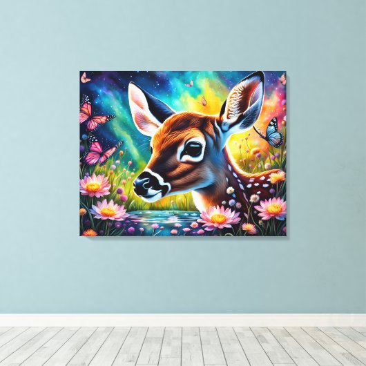 Fawn in weidevijver canvas afdruk (Insitu (Houten vloer))