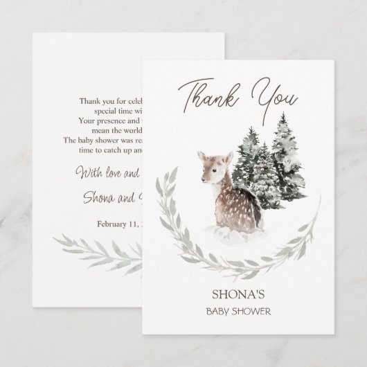 Fawn in Winter Baby shower Dank je Informatiekaartje (Voorkant / Achterkant)