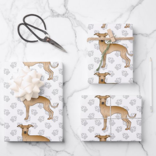 Fawn Italiaans Greyhound Cartoon Dogs with Paws Inpakpapier Vel (Voorkant)