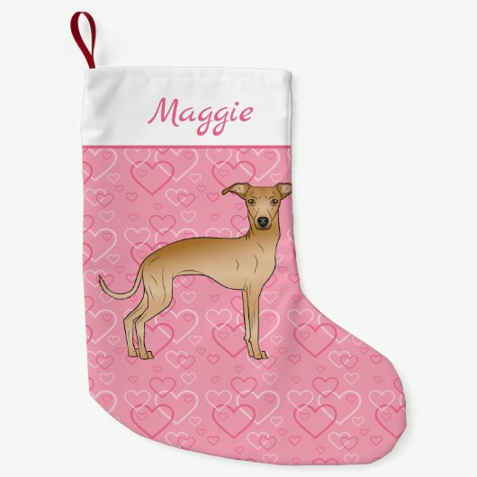 Fawn Italiaanse Greyhound Cute Dog op roze harten Kleine Kerstsok (Voorkant)