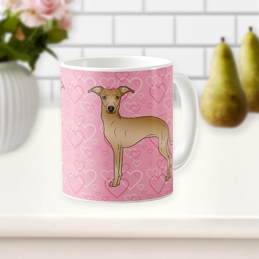 Fawn Italiaanse Greyhound Cute Dog op roze harten Koffiemok