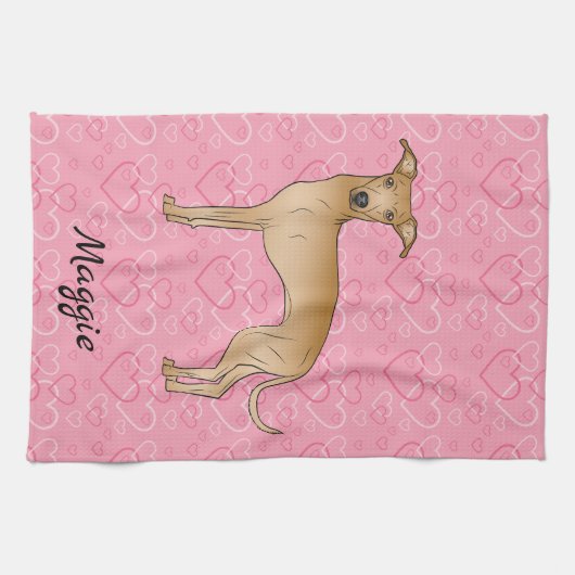 Fawn Italiaanse Greyhound Cute Dog op roze harten Theedoek (Horizontaal)