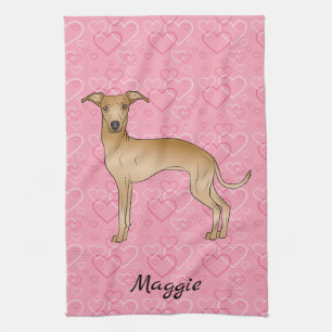 Fawn Italiaanse Greyhound Cute Dog op roze harten Theedoek