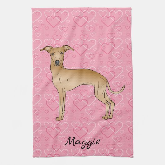 Fawn Italiaanse Greyhound Cute Dog op roze harten Theedoek (Verticaal)