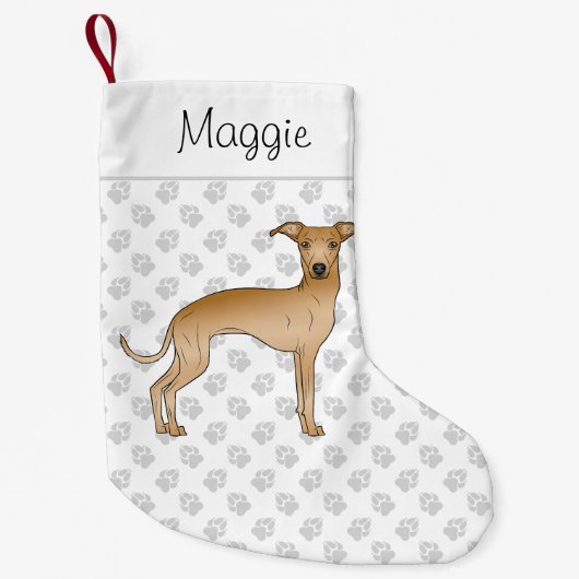 Fawn Italiaanse Greyhound Dog met aangepaste naam Kleine Kerstsok (Voorkant)