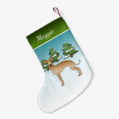 Fawn Italy Greyhound Dog in een winterbos Kleine Kerstsok (Achterkant (Hangend))