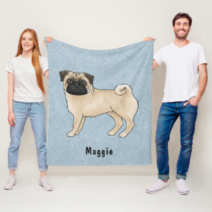 Fawn jas kleur pug hond met aangepaste naam blauw fleece deken