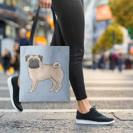 Fawn Kleur Schattige Pug Mops Cartoon Dog Ras Blau Tote Bag