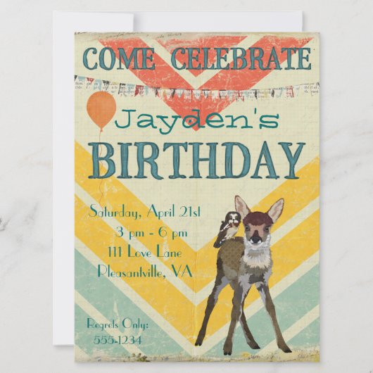 Fawn & Owl Chevron Birthday Uitnodiging (Voorkant)