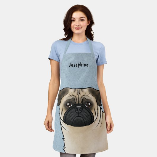 Fawn Pug Cartoon Hond Head Close-up met naam blauw Schort (Gedragen)