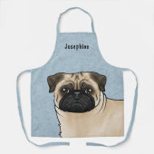 Fawn Pug Cartoon Hond Head Close-up met naam blauw Schort (Voorkant)