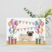 Fawn Pug Cartoon Hond Kleurrijke Pastels Verjaarda Kaart (Staand voorkant)