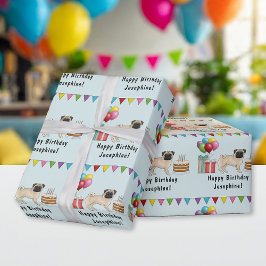 Fawn Pug Dog Cartoon Mops Kleurrijke Happy Birthda Cadeaupapier