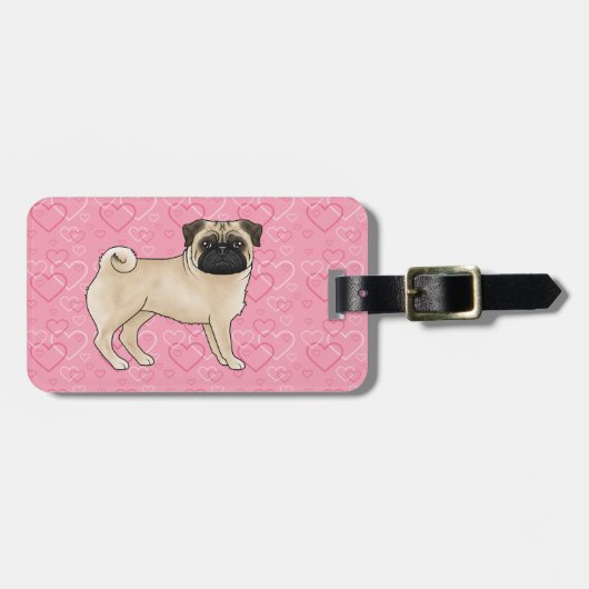 Fawn Pug Dog Cartoon Mops Love Heart Pattern Roze Bagagelabel (Voorkant horizontaal)