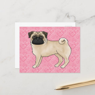 Fawn Pug Dog Cartoon Mops Love Heart Pattern Roze Briefkaart