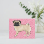 Fawn Pug Dog Cartoon Mops Love Heart Pattern Roze Briefkaart (Staand voorkant)