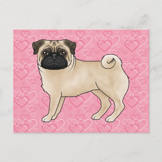 Fawn Pug Dog Cartoon Mops Love Heart Pattern Roze Briefkaart (Voorkant)