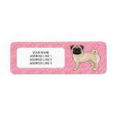 Fawn Pug Dog Cartoon Mops Love Heart Pattern Roze Etiket (Voorkant)