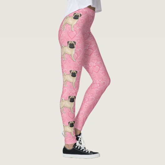 Fawn Pug Dog Cartoon Mops Love Heart Pattern Roze Leggings (Rechts)