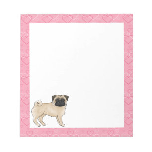 Fawn Pug Dog Cartoon Mops Love Heart Pattern Roze Notitieblok