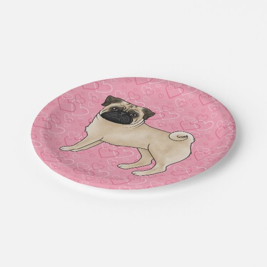 Fawn Pug Dog Cartoon Mops Love Heart Pattern Roze Papieren Bordje (Gekanteld)