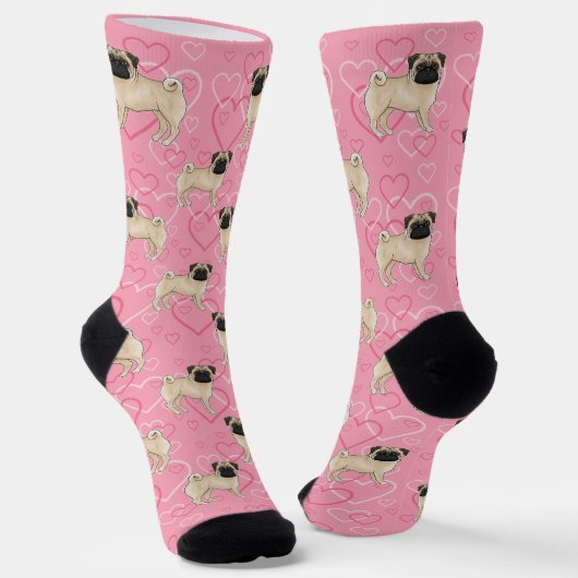 Fawn Pug Dog Cartoon Mops Love Heart Pattern Roze Sokken (Gebogen)