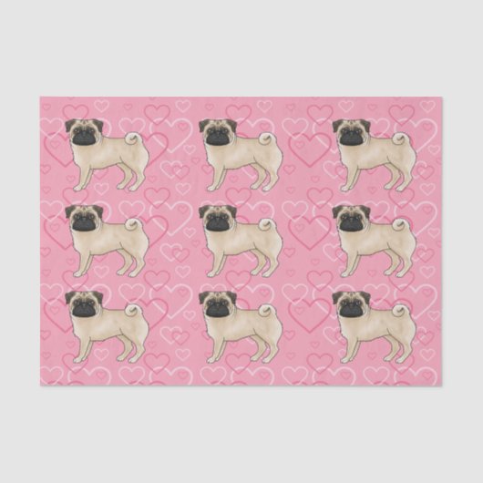 Fawn Pug Dog Cartoon Mops Love Heart Pattern Roze Tissuepapier (Voorkant)
