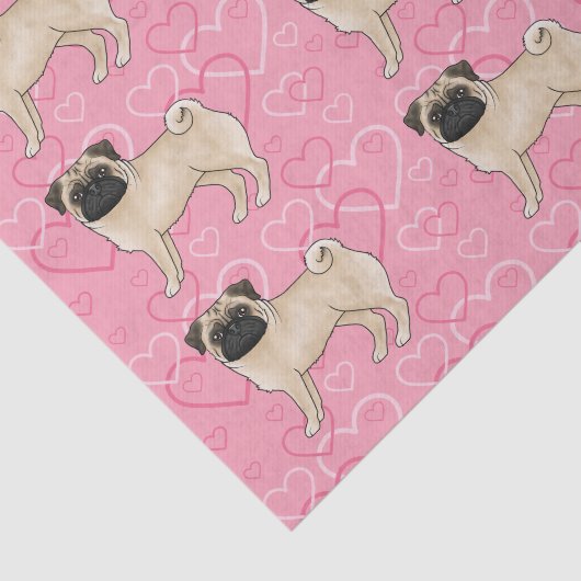 Fawn Pug Dog Cartoon Mops Love Heart Pattern Roze Tissuepapier (Detail)