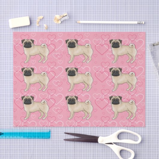 Fawn Pug Dog Cartoon Mops Love Heart Pattern Roze Tissuepapier (Craft)