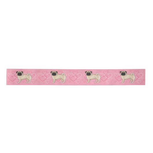 Fawn Pug Dog Cartoon Mops met hartenpatroon roze Satijnen Lint (Voorkant)
