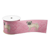 Fawn Pug Dog Cartoon Mops met hartenpatroon roze Satijnen Lint (Spoel)