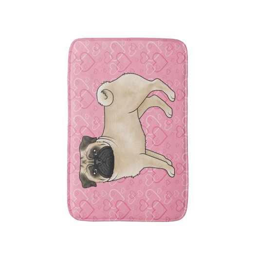 Fawn Pug Dog Cartoon Mops Roze Liefde Hart Patroon Badmat (Voorkant Verticaal)