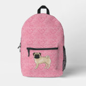 Fawn Pug Dog Cartoon Mops Roze Liefde Hart Patroon Bedrukte Rugzak (Voorkant)