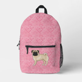 Fawn Pug Dog Cartoon Mops Roze Liefde Hart Patroon Bedrukte Rugzak