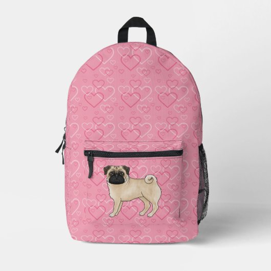 Fawn Pug Dog Cartoon Mops Roze Liefde Hart Patroon Bedrukte Rugzak (Voorkant)