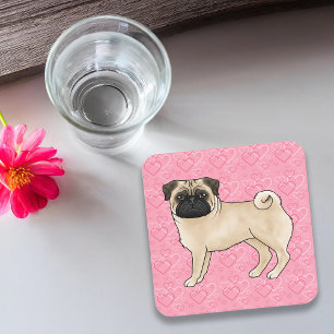 Fawn Pug Dog Cartoon Mops Roze Liefde Hart Patroon Bier Onderzetter