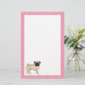 Fawn Pug Dog Cartoon Mops Roze Liefde Hart Patroon Briefpapier (Staand voorkant)