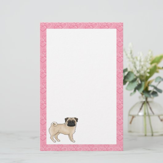 Fawn Pug Dog Cartoon Mops Roze Liefde Hart Patroon Briefpapier (Staand voorkant)