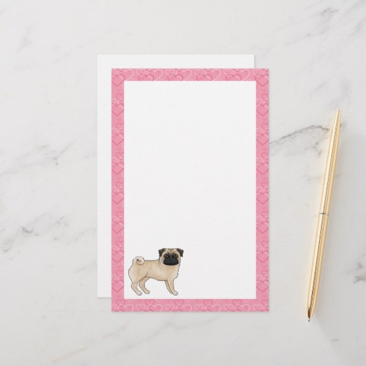 Fawn Pug Dog Cartoon Mops Roze Liefde Hart Patroon Briefpapier (Voorkant / Achterkant in situ)