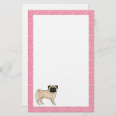Fawn Pug Dog Cartoon Mops Roze Liefde Hart Patroon Briefpapier (Voorkant / Achterkant)