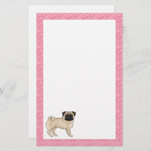 Fawn Pug Dog Cartoon Mops Roze Liefde Hart Patroon Briefpapier (Voorkant / Achterkant)