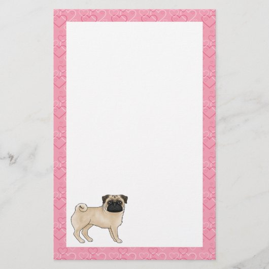 Fawn Pug Dog Cartoon Mops Roze Liefde Hart Patroon Briefpapier (Voorkant)