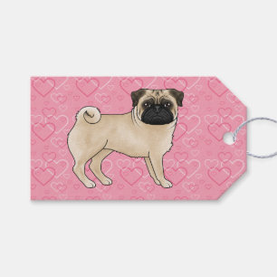 Fawn Pug Dog Cartoon Mops Roze Liefde Hart Patroon Cadeaulabel