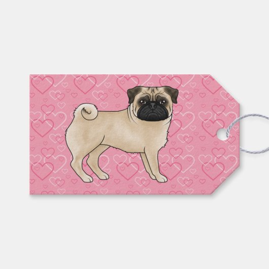 Fawn Pug Dog Cartoon Mops Roze Liefde Hart Patroon Cadeaulabel (Voorkant (Horizontaal))