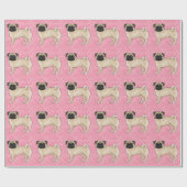 Fawn Pug Dog Cartoon Mops Roze Liefde Hart Patroon Cadeaupapier (Vlak)