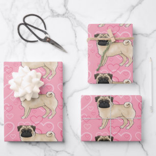 Fawn Pug Dog Cartoon Mops Roze Liefde Hart Patroon Inpakpapier Vel