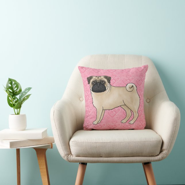 Fawn Pug Dog Cartoon Mops Roze Liefde Hart Patroon Kussen (Stoel)