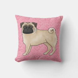 Fawn Pug Dog Cartoon Mops Roze Liefde Hart Patroon Kussen
